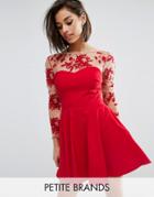 City Goddess Petite Skater Dress With Embroidered Sleeves - Red