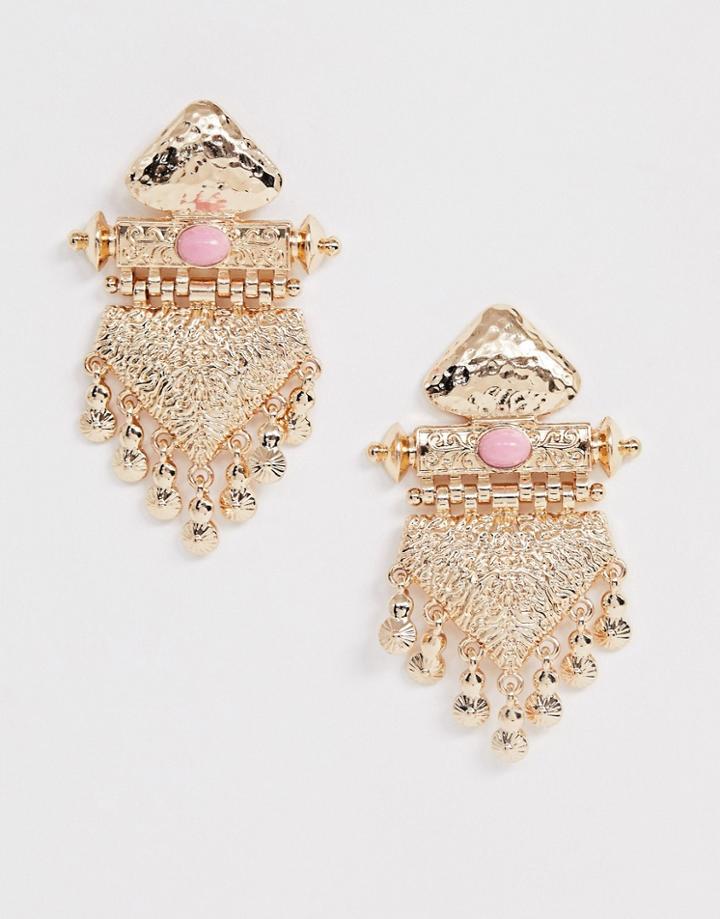 Asos Design Earrings With Textured Drop And Hanging Pendants In Gold Tone