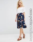 Asos Petite Exclusive Midi Skirt With Splices In Navy Floral Print - Navy