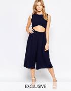 Love Cut Out Front Wide Leg Culotte Jumpsuit - Navy