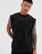 Asos Design Oversized Sleeveless T-shirt With Embellished Gems In Black - Black