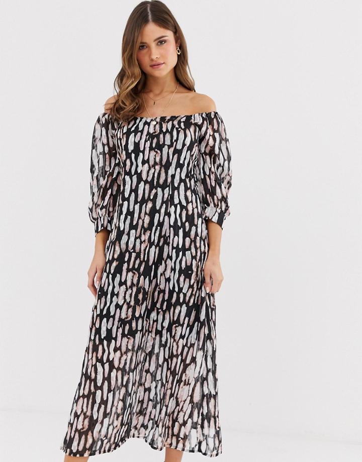 Religion Bardot Midi Dress In Abstract Animal Print - White