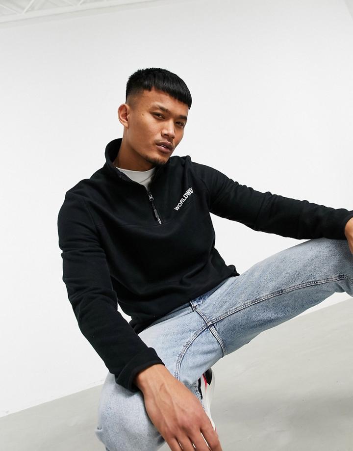 Asos Design Polar Fleece Sweatshirt With Half Zip & Worldwide Print In Black