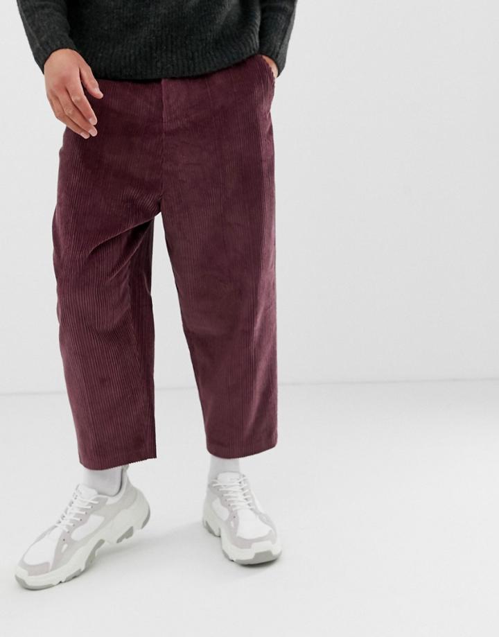 Asos Design Drop Crotch Tapered Pants With Cargo Pocket In Purple Cord - Purple
