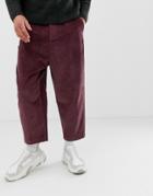 Asos Design Drop Crotch Tapered Pants With Cargo Pocket In Purple Cord - Purple