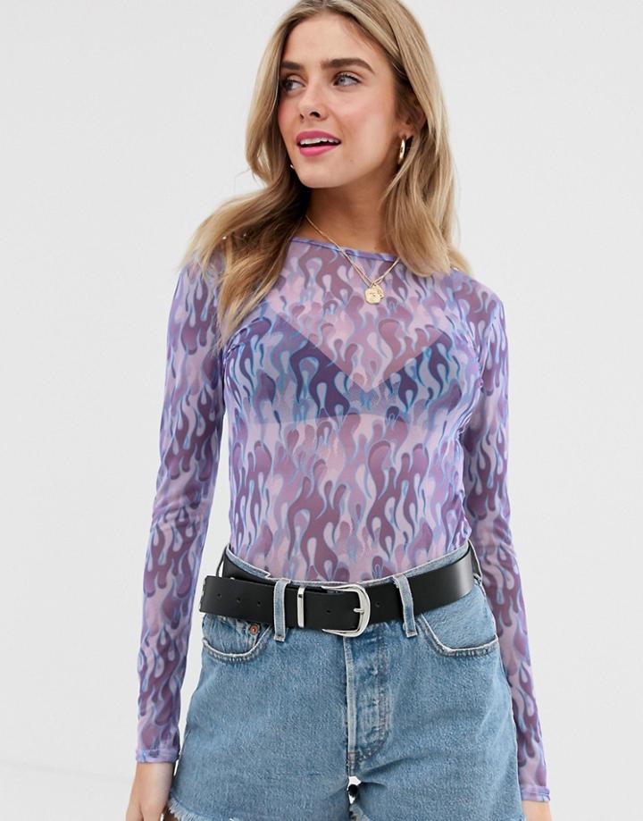 Daisy Street Long Sleeve Mesh Top In Flame Print-purple