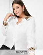 Never Fully Dressed Plus Contrast Leopard Collar Blouse In White