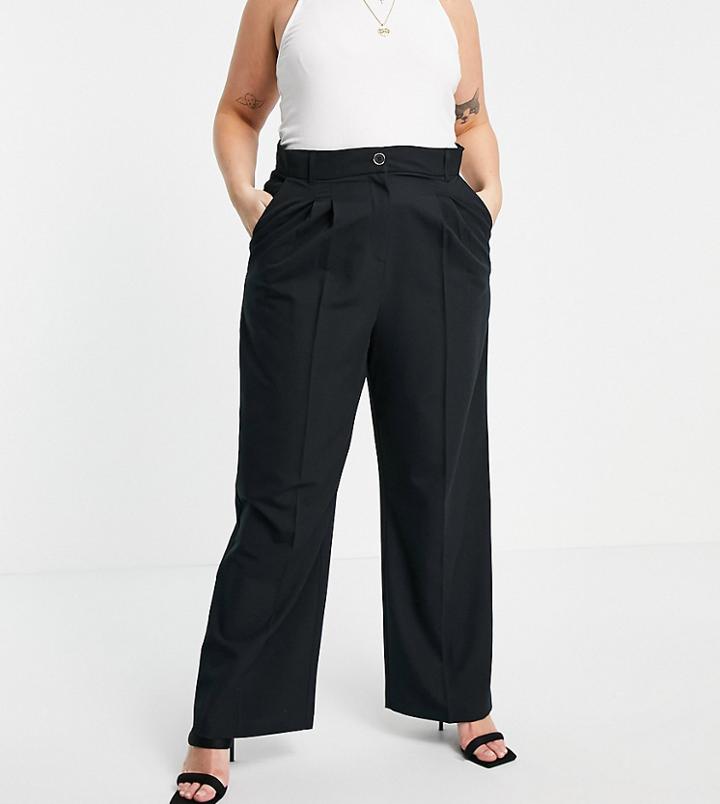 River Island Plus Wide Leg Pleated Tailored Pants In Black