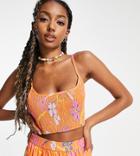 Collusion Floral Shirred Crop Top In Orange