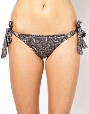 Marie Melli Snake Print Tie Side Brazillian Bikini Bottom - Silver Foil Animal