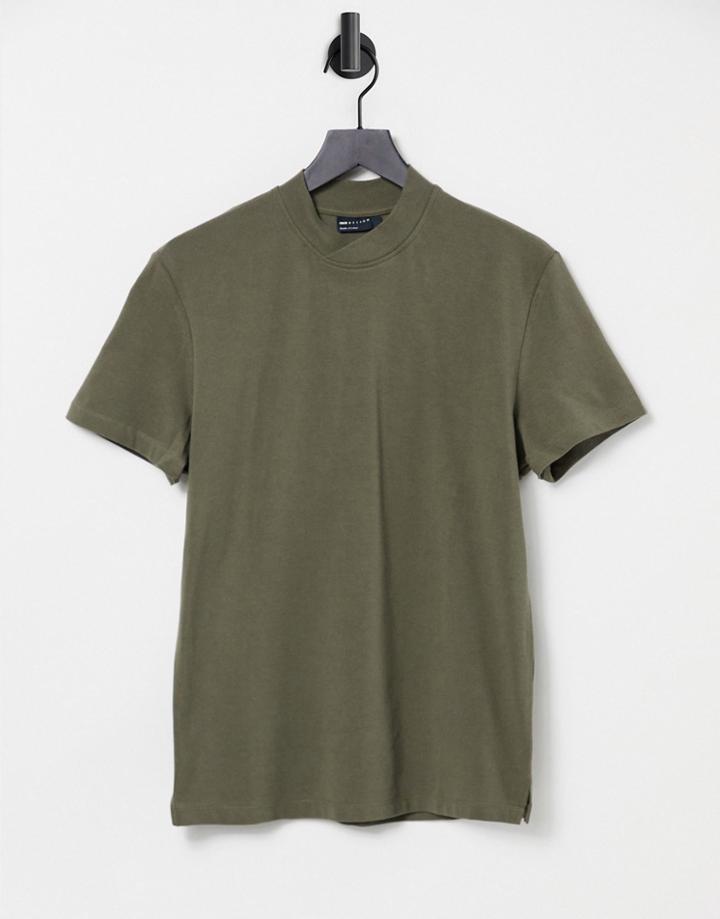 Asos Design Pique T-shirt With Turtleneck In Khaki-green