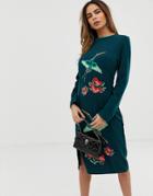 Liquorish Bird Embroidered Midi Dress - Green