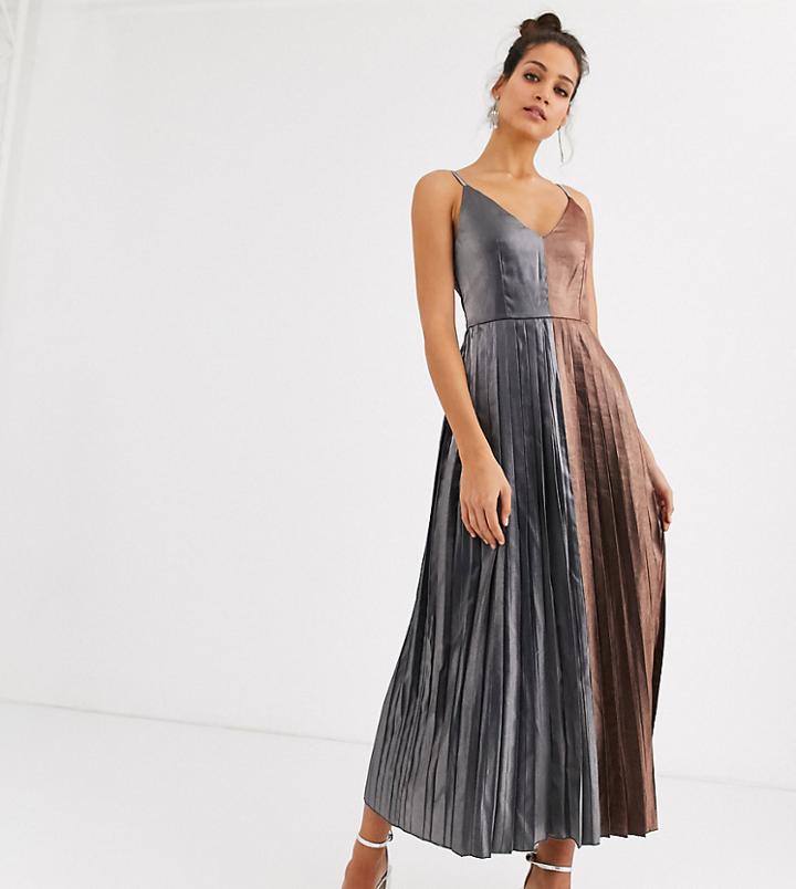 Little Mistress Tall Pleated Contrast Midaxi Dress In Metallic-multi