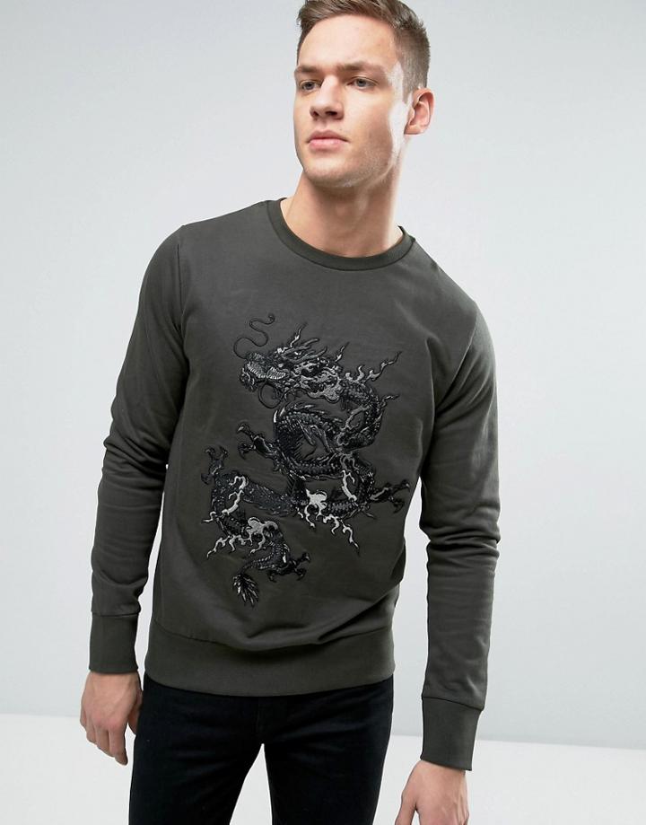 Brave Soul Mens Crew Neck Sweat With Large Dragon Embroidery - Green