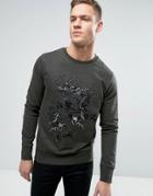 Brave Soul Mens Crew Neck Sweat With Large Dragon Embroidery - Green