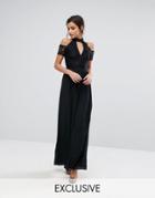 Silver Bloom High Neck Maxi Dress With Lace Top And Cold Shoulder Detail - Black