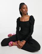 Little Mistress Squareneck Jumpsuit In Black Broderie