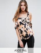Asos Tall Satin Cold Shoulder Cami In Blurred Animal Print - Multi