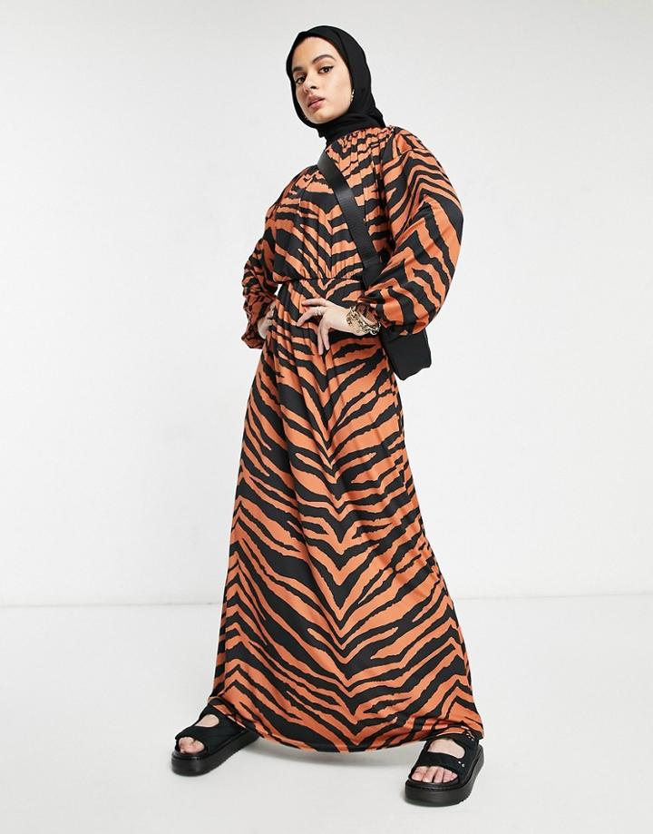 Asos Design Maxi Long Sleeve Dress In Slinky Rust Zebra Print-red