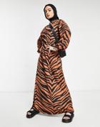 Asos Design Maxi Long Sleeve Dress In Slinky Rust Zebra Print-red