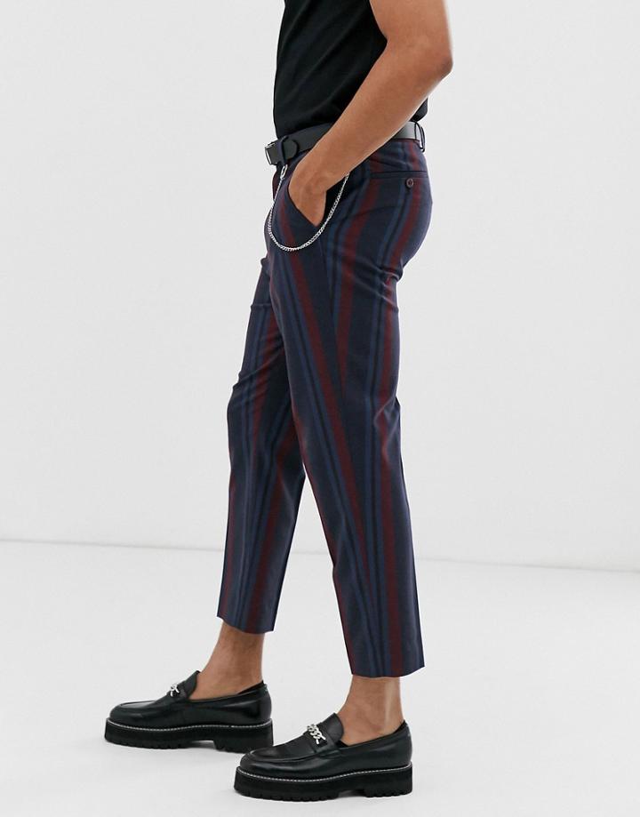 Asos Design Tapered Smart Pants In Navy And Bold Burgundy Stripe With Metal Pocket Chain