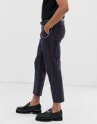 Asos Design Tapered Smart Pants In Navy And Bold Burgundy Stripe With Metal Pocket Chain
