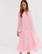 Asos Design Pleated Trapeze Midi Dress With Tie Neck-pink