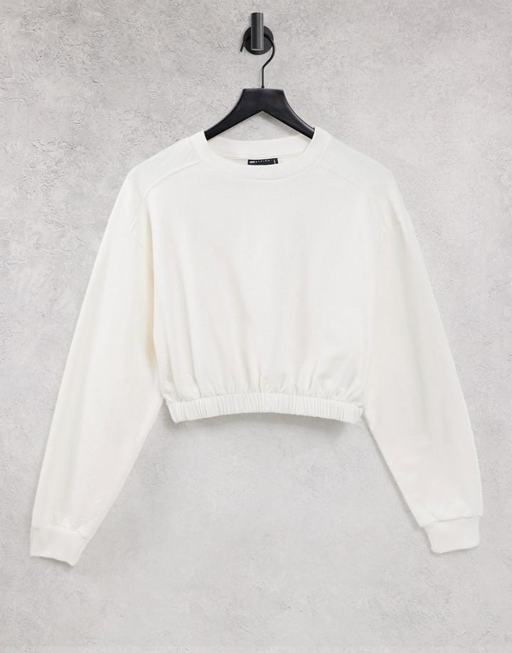 Asos Design Crop Sweatshirt With Fitted Hem And Seam Detail In Bone-white
