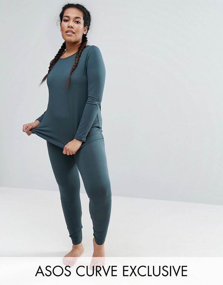 Asos Curve Lounge 2 Pack Long Sleeve Tunic Top & Legging - Green