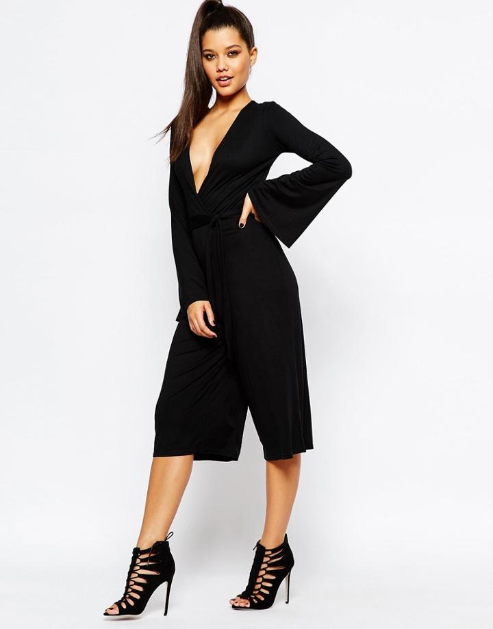 Missguided Slinky Tie Waist Culotte Jumpsuit - Black
