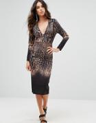 Liquorish Leopard Print Ombre Pencil Dress With Long Sleeves - Black