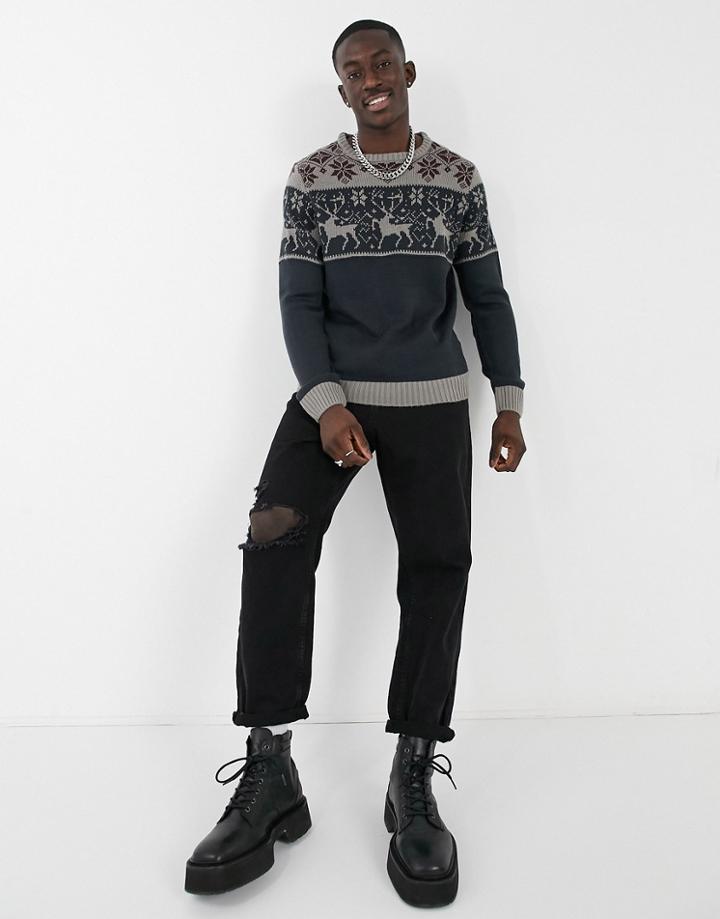 Soul Star Stag Knitted Sweater In Navy