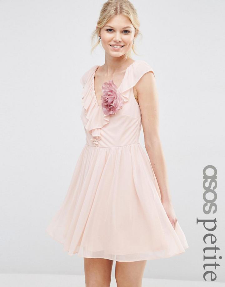 Asos Petite Ruffle V Front Mini Dress With Corsage - Nude