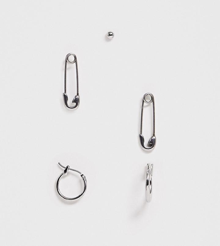 Asos Design Multiwear Safety Pin Earrings Pack In Silver Tone - Silver