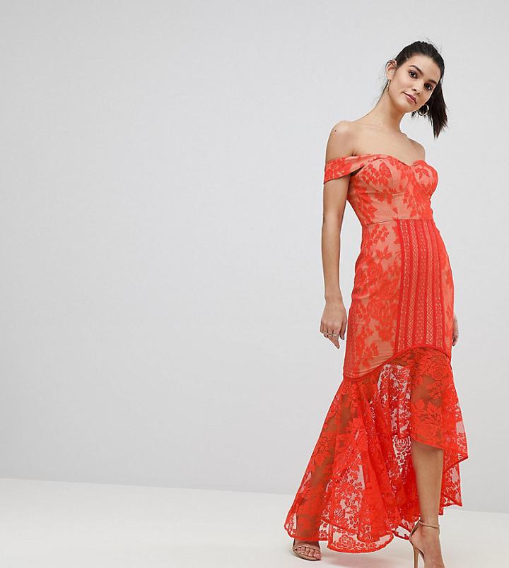 Jarlo All Over Lace Off Shoulder Fishtail Midi Dress - Orange