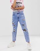 Bershka Super Ripped Mom Jeans In Blue - Blue