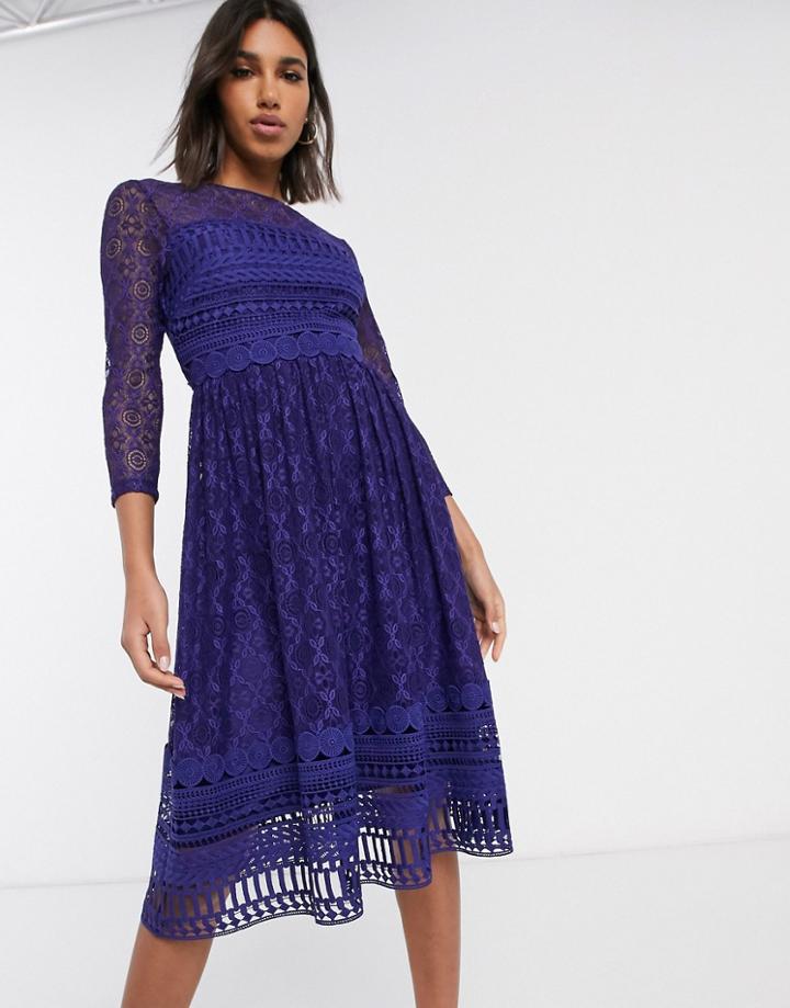 Asos Design Premium Lace Midi Skater Dress In Navy