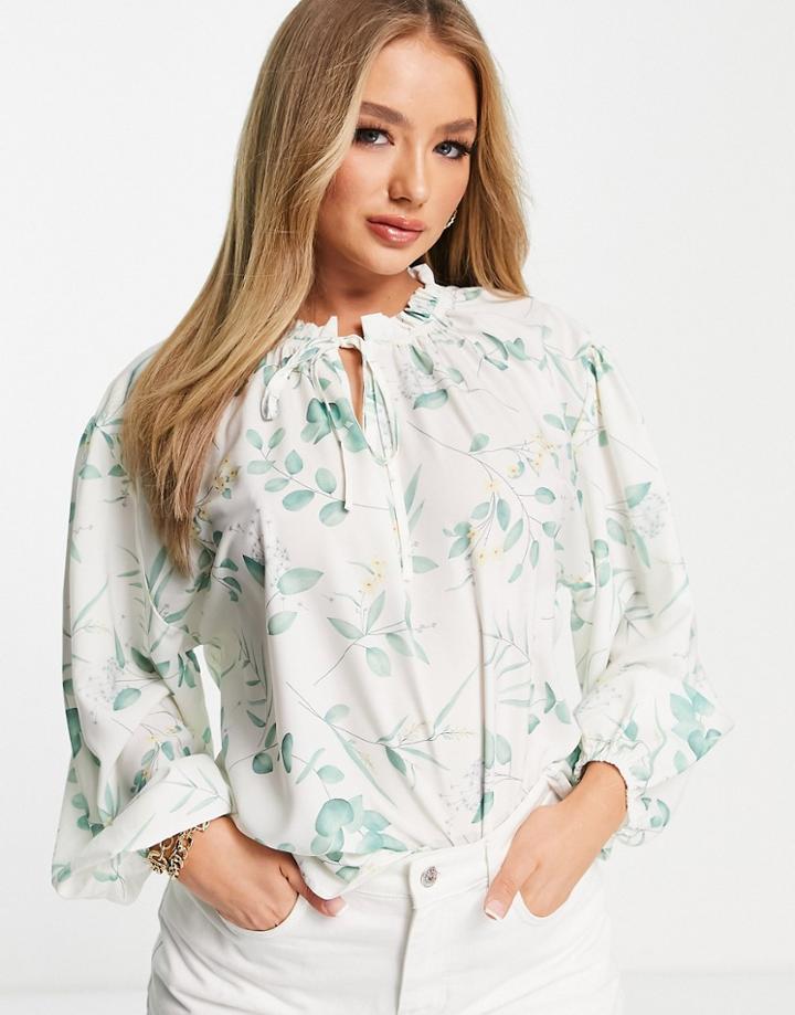 In The Style X Stacey Solomon Oversized Volume Sleeve Tie Detail Blouse In White Floral Print - Part Of A Set-multi