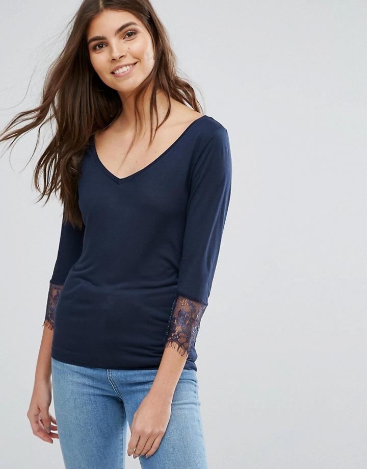 Vila Lace Trim Top - Navy