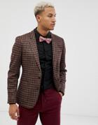 Asos Design Skinny Blazer In Gray Red And Gold Sparkle Check - Gray