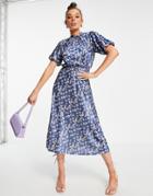 Asos Design Midi Tea Dress With Short Sleeve In Blue Floral-navy