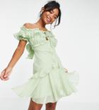 Asos Design Petite Off Shoulder Mini Dress With Button Front And Ruffle Detail In Mint-green