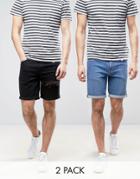 Asos Denim Slim Shorts In Black With Thigh Rip & Mid Blue Save - Multi