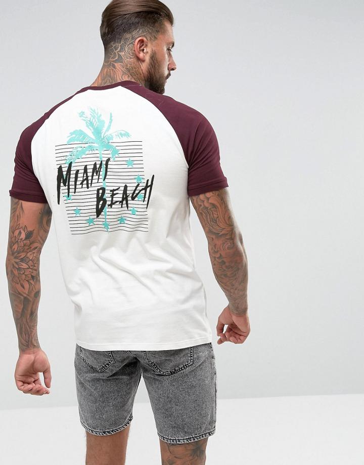 Asos Longline Raglan T-shirt With Miami Front And Back Print - White