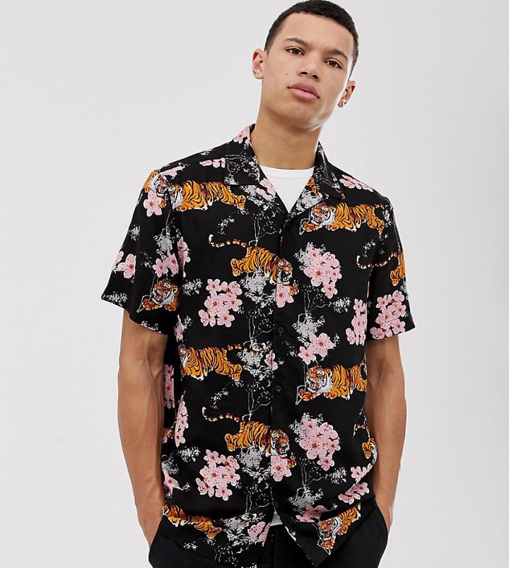 Brave Soul All Over Tiger Print Shirt With Revere Collar-black
