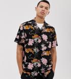Brave Soul All Over Tiger Print Shirt With Revere Collar-black