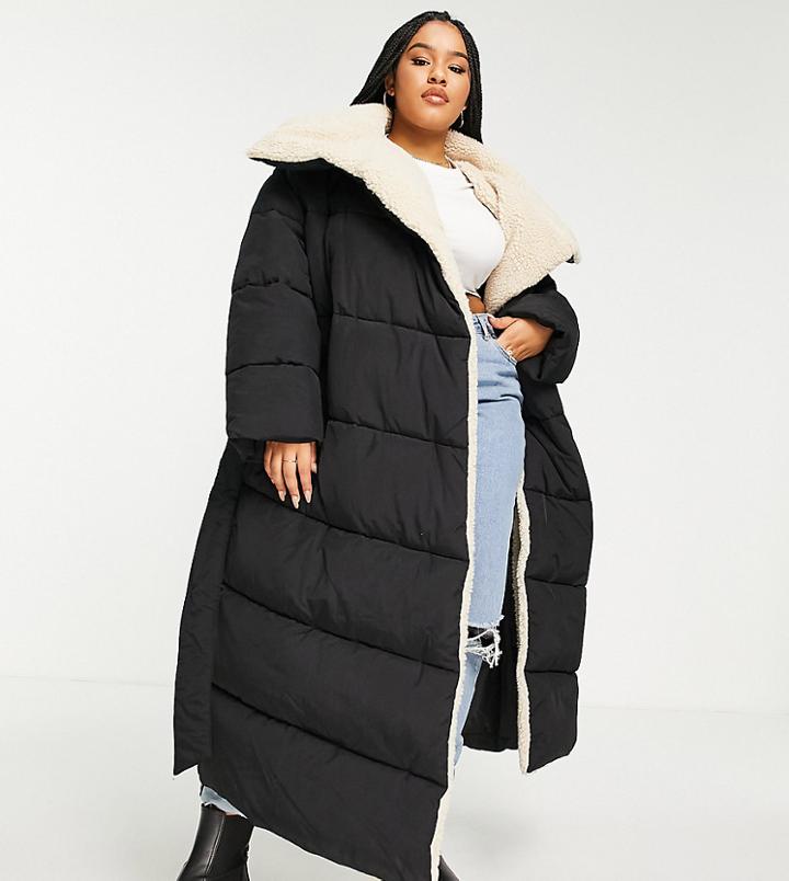 Asos Design Curve Borg Collared Belted Maxi Puffer Jacket In Black