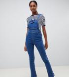 Asos Design Tall Denim Overall With Kickflare In Midwash Blue
