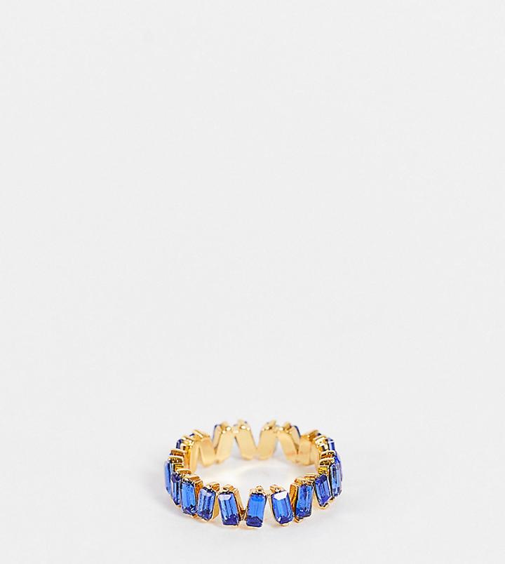 Asos Design 14k Gold Plated Ring With Baguette Crystals In Blue