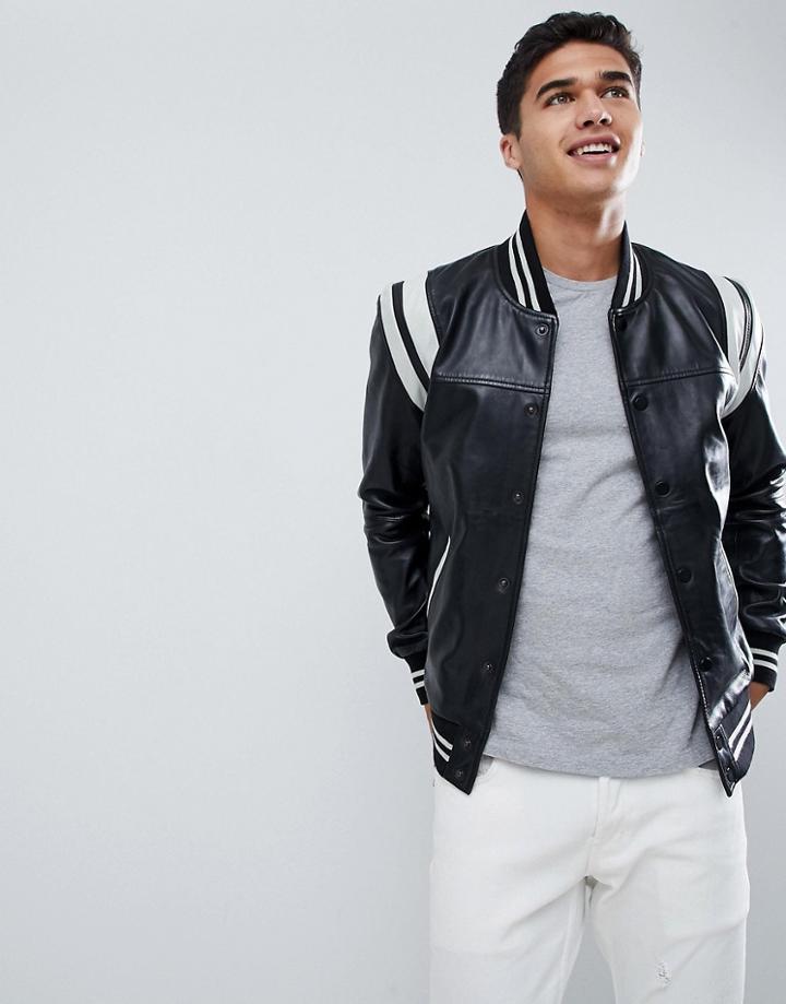 Barney's Originals Real Leather Varsity Jacket With Panelling - Black